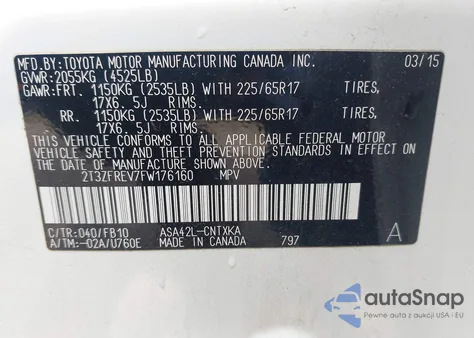 2015 Toyota Rav4 Le из США, поврежденный, VIN 2T3ZFREV7FW176160